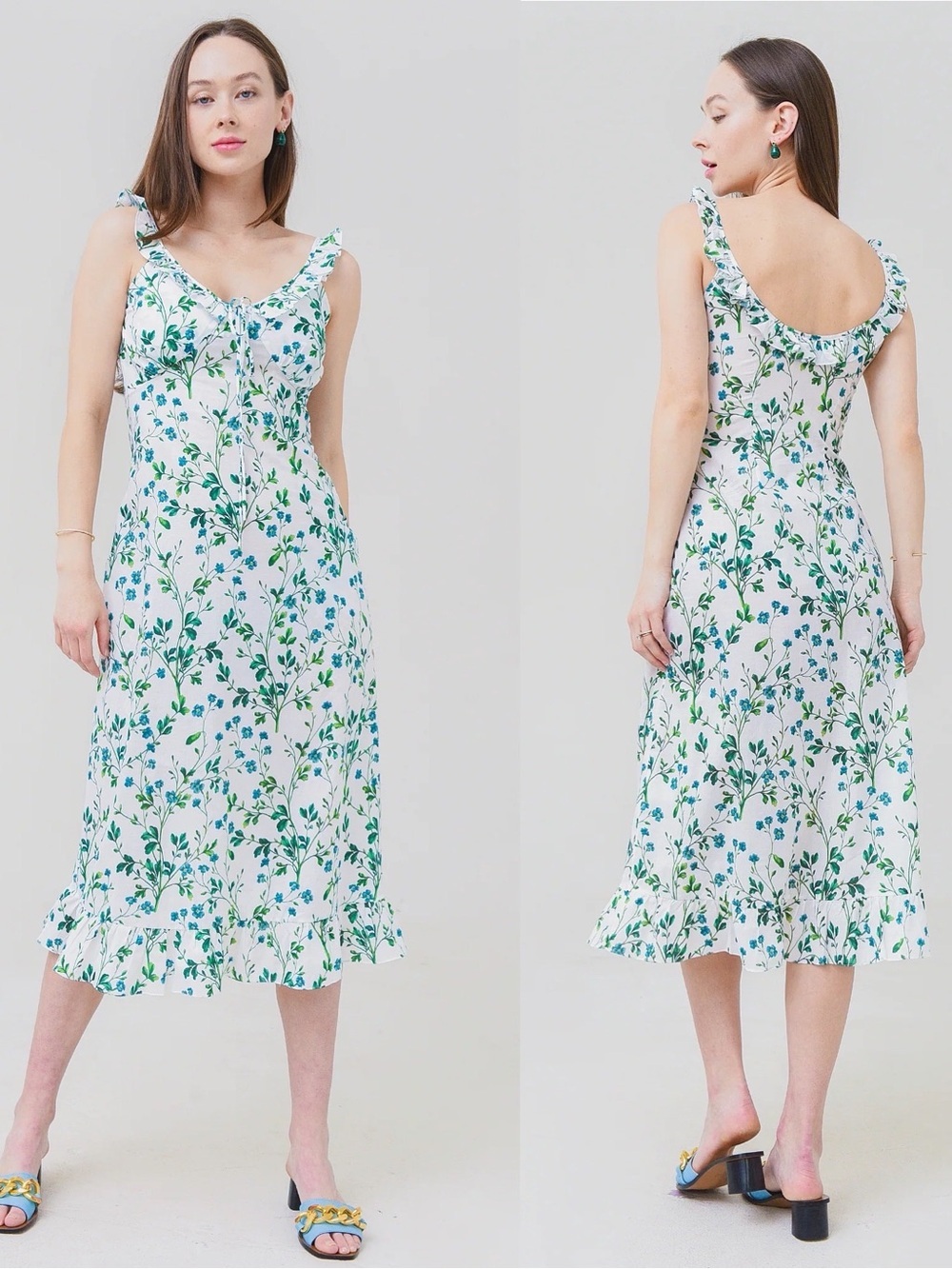 Tuckernuck Evi Grintela White Midi Dress with green Floral Print size medium